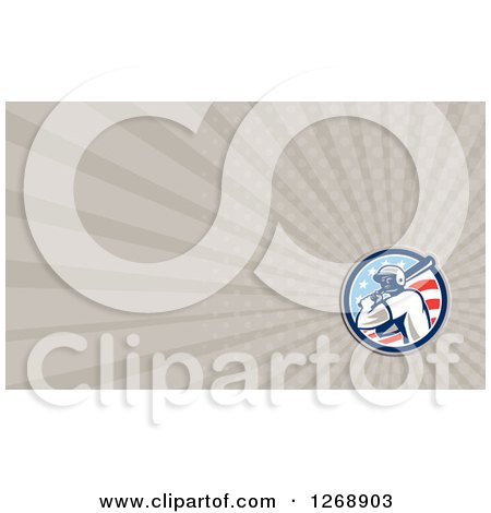 Clipart of a Retro Baseball Batter and American Flag over Taupe Rays Business Card Design - Royalty Free Illustration by patrimonio