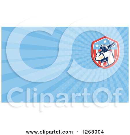 Clipart of a Retro Baseball Batter and American Flag over Blue Rays Business Card Design - Royalty Free Illustration by patrimonio