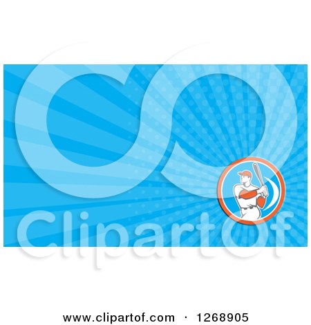 Clipart of a Retro Batting Baseball Player and Blue Ray Business Card Design - Royalty Free Illustration by patrimonio
