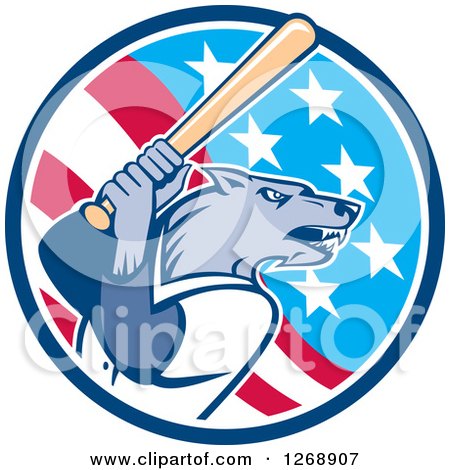 Clipart of a Baseball Wolf Batting in an American Flag Circle - Royalty Free Vector Illustration by patrimonio