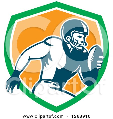 Clipart of a Retro Running American Football Player in a Green White and Orange Shield - Royalty Free Vector Illustration by patrimonio