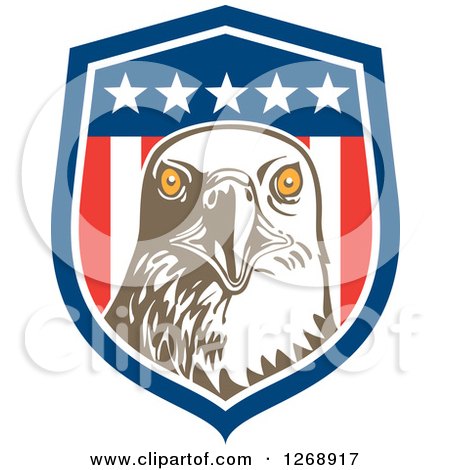 Clipart of a Retro Bald Eagle Head in an American Flag Shield - Royalty Free Vector Illustration by patrimonio