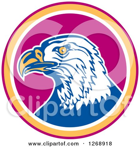 Clipart of a Retro Bald Eagle Head in a Purple Yellow and White Circle - Royalty Free Vector Illustration by patrimonio