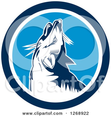 Clipart of a Retro Howling Fox in a Blue and White Circle - Royalty Free Vector Illustration by patrimonio