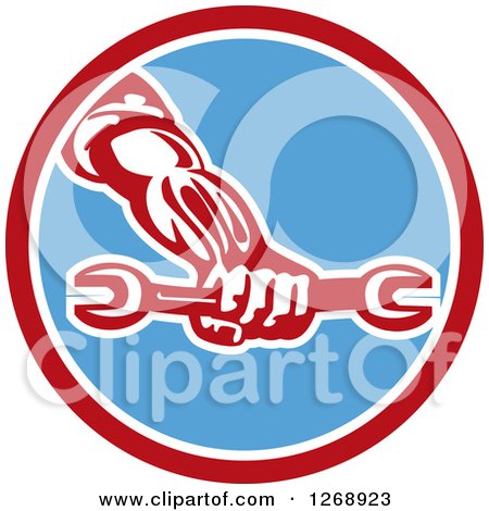 Clipart of a Retro Strong Mechanic Hand Holding a Wrench in a Red White and Blue Circle - Royalty Free Vector Illustration by patrimonio