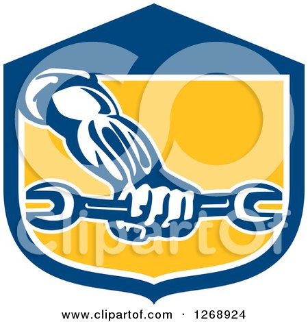 Clipart of a Retro Strong Mechanic Hand Holding a Wrench in a Blue White and Yellow Shield - Royalty Free Vector Illustration by patrimonio