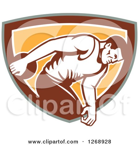 Clipart of a Retro Male Discus Thrower in an Orange Brown White and Green Shield - Royalty Free Vector Illustration by patrimonio