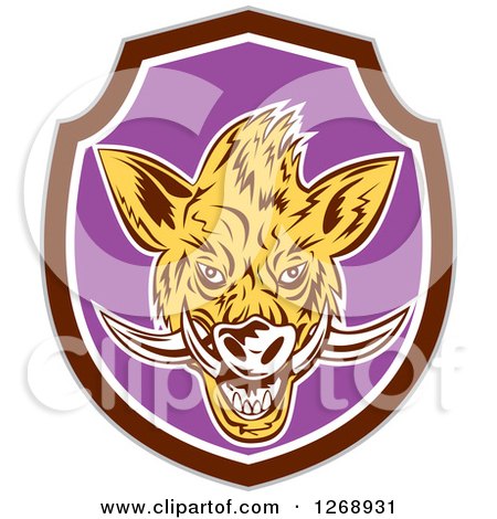 Clipart of a Razorback Boar Head in a Brown White and Purple Shield - Royalty Free Vector Illustration by patrimonio