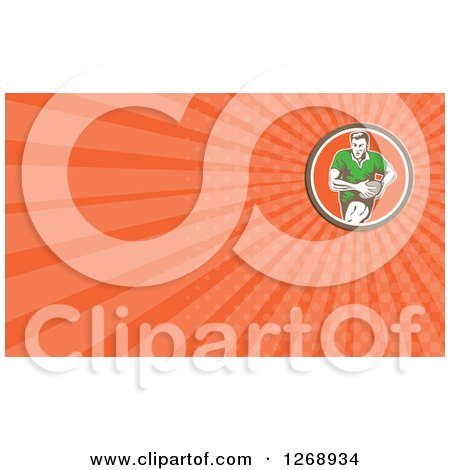 Clipart of a Retro Running Rugby Player and Orange Rays Business Card Design - Royalty Free Illustration by patrimonio