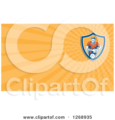 Clipart of a Retro Running Rugby Player and Orange Rays Business Card Design 2 - Royalty Free Illustration by patrimonio