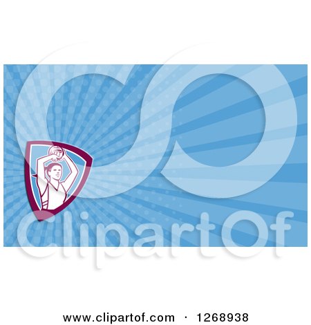 Clipart of a Retro Female Volleyball or Netball Player on a Blue Ray Business Card Design - Royalty Free Illustration by patrimonio