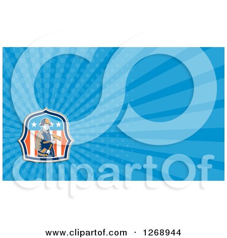 Clipart of a Retro Fireman Holding an Axe over a Blue Ray Business Card Design - Royalty Free Illustration by patrimonio