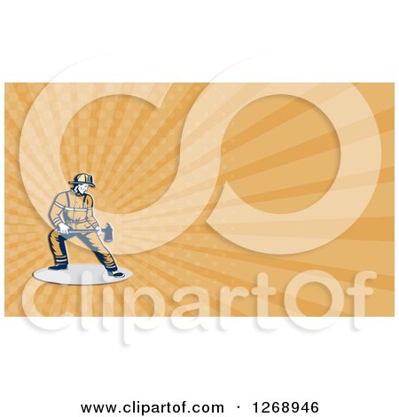 Clipart of a Retro Fireman Holding an Axe over an Orange Ray Business Card Design 3 - Royalty Free Illustration by patrimonio