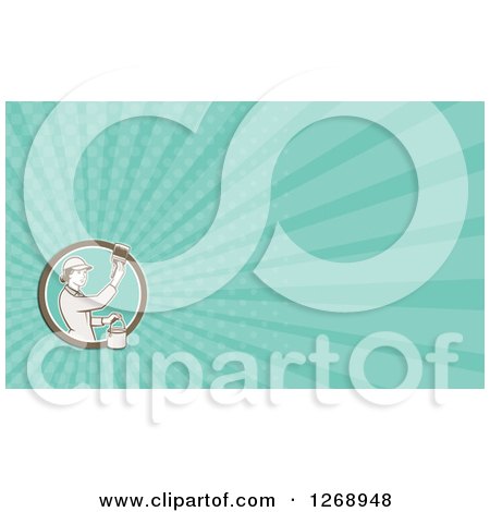 Clipart of a Retro Female House Painter on a Turquoise Ray Business Card Design - Royalty Free Illustration by patrimonio