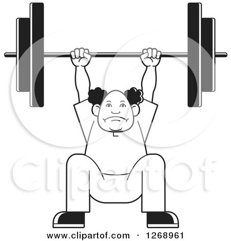 Clipart of a Black and White Senior Man Squatting and Lifting a Barbell over His Head - Royalty Free Vector Illustration by Lal Perera