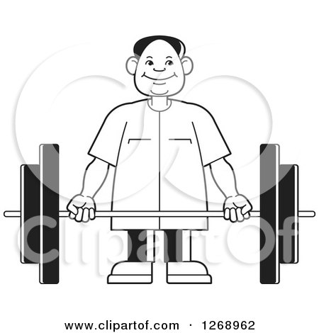 Clipart of a Happy Black and White Senior Man Working out with a Barbell - Royalty Free Vector Illustration by Lal Perera