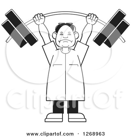 Clipart of a Black and White Senior Man Lifting a Heavy Barbell over His Head - Royalty Free Vector Illustration by Lal Perera