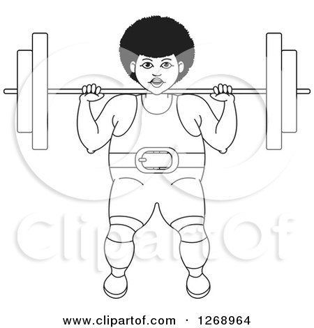 Clipart of a Black and White Outlined Bodybuilder Woman Working out with a Barbell on Her Shoulders - Royalty Free Vector Illustration by Lal Perera