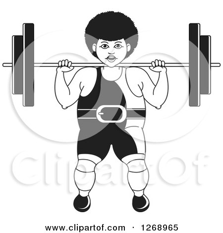 Clipart of a Black and White Bodybuilder Woman Working out with a Barbell on Her Shoulders - Royalty Free Vector Illustration by Lal Perera