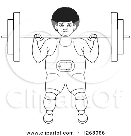 Clipart of a Black and White Outlined Bodybuilder Woman Working out with a Barbell on the Front of Her Shoulders - Royalty Free Vector Illustration by Lal Perera