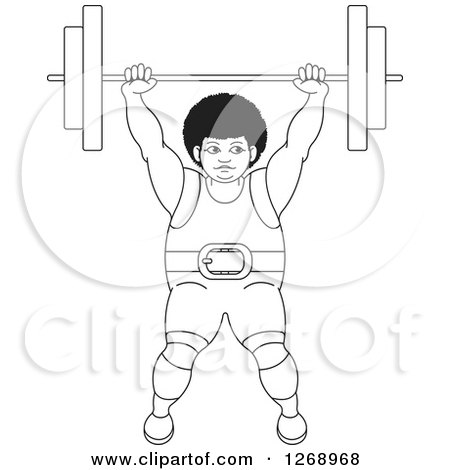 Clipart of a Black and White Outlined Bodybuilder Woman Lifting a Barbell over Her Head - Royalty Free Vector Illustration by Lal Perera
