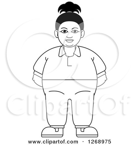 Clipart of a Black and White Chubby Woman Standing in Sweats - Royalty Free Vector Illustration by Lal Perera