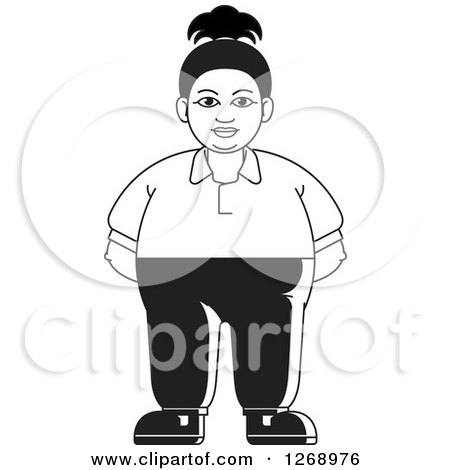 Clipart of a Black and White Chubby Woman Standing in Sweats 2 - Royalty Free Vector Illustration by Lal Perera