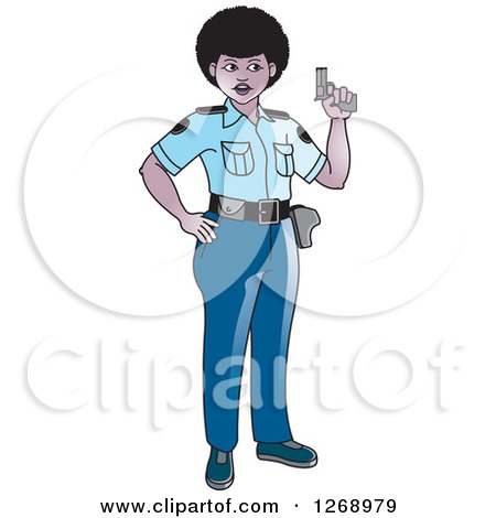 Clipart of a Slim Black Police Woman Holding a Pistol - Royalty Free Vector Illustration by Lal Perera