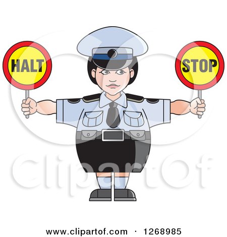Clipart of a Chubby Police Woman Holding Stop Signs - Royalty Free Vector Illustration by Lal Perera