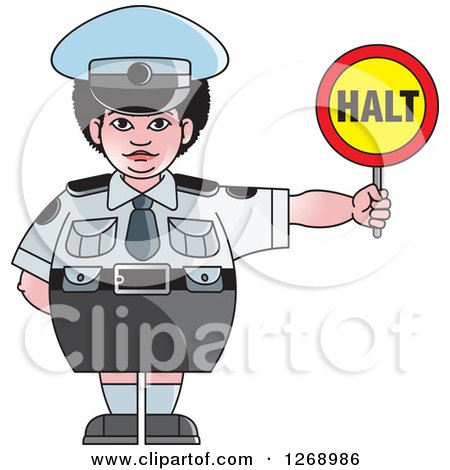 Clipart of a Chubby Police Woman Holding a Halt Sign - Royalty Free Vector Illustration by Lal Perera