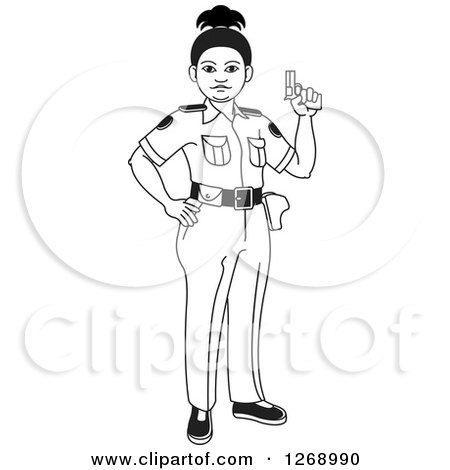 Clipart of a Black and White Slim Police Woman Holding a Pistol - Royalty Free Vector Illustration by Lal Perera