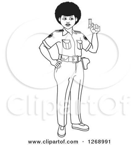 Clipart of a Slim Black and White Police Woman Holding a Pistol - Royalty Free Vector Illustration by Lal Perera