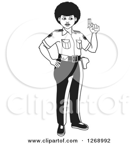 Clipart of a Slim Black and White Police Woman Holding a Pistol 2 - Royalty Free Vector Illustration by Lal Perera
