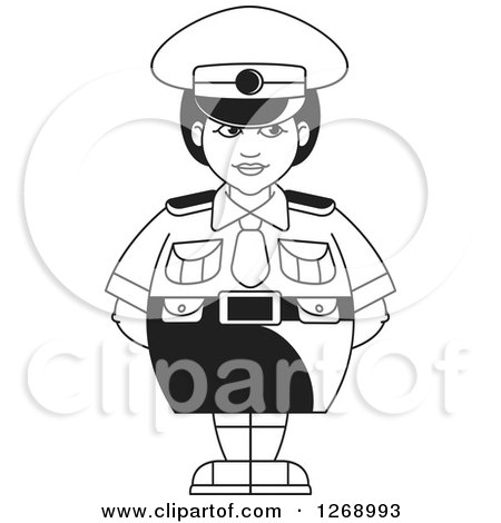 Clipart of a Black and White Chubby Police Woman Standing in a Skirt - Royalty Free Vector Illustration by Lal Perera