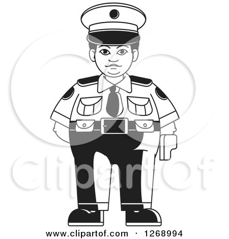 Clipart of a Black and White Chubby Police Woman Standing 3 - Royalty Free Vector Illustration by Lal Perera