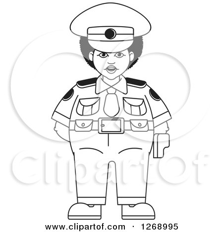 Clipart of a Black and White Chubby Police Woman Standing - Royalty Free Vector Illustration by Lal Perera