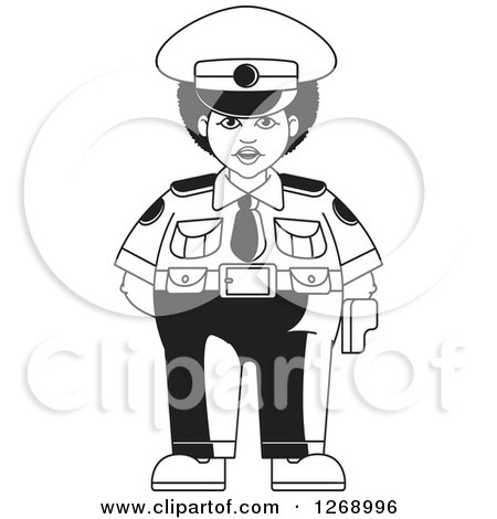 Clipart of a Black and White Chubby Police Woman Standing 2 - Royalty Free Vector Illustration by Lal Perera