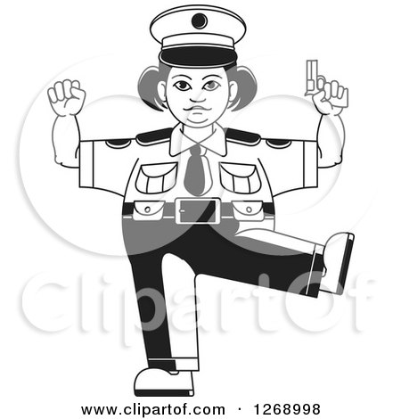 Clipart of a Black and White Chubby Police Woman Standing on One Leg and Holding a Pistol 2 - Royalty Free Vector Illustration by Lal Perera