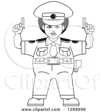 Clipart of a Black and White Chubby Police Woman Holding Pistols - Royalty Free Vector Illustration by Lal Perera