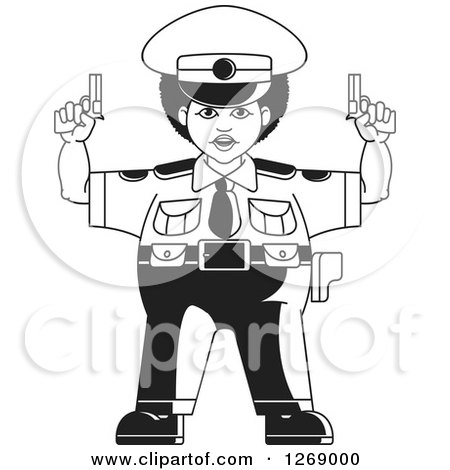 Clipart of a Black and White Chubby Police Woman Holding Pistols 2 - Royalty Free Vector Illustration by Lal Perera
