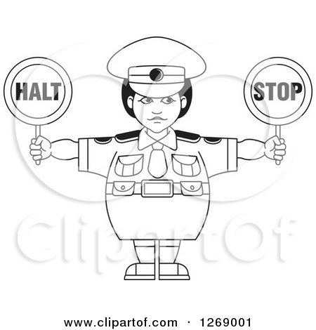 Clipart of a Black and White Chubby Police Woman Holding Stop Signs - Royalty Free Vector Illustration by Lal Perera