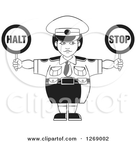Clipart of a Black and White Chubby Police Woman Holding Stop Signs 2 - Royalty Free Vector Illustration by Lal Perera