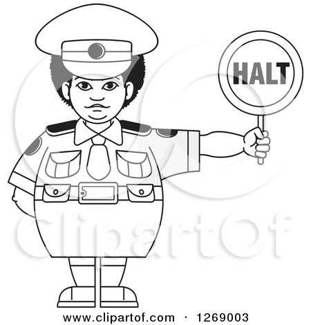 Clipart of a Chubby Grayscale Police Woman Holding a Halt Sign - Royalty Free Vector Illustration by Lal Perera