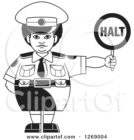 Clipart of a Chubby Black and White Police Woman Holding a Halt Sign 2 - Royalty Free Vector Illustration by Lal Perera