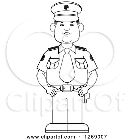 Clipart of a Black and White Police Man Standing in Uniform - Royalty Free Vector Illustration by Lal Perera