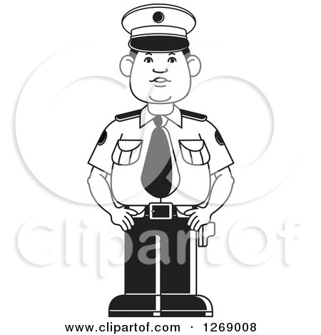 Clipart of a Black and White Police Man Standing in Uniform 2 - Royalty Free Vector Illustration by Lal Perera