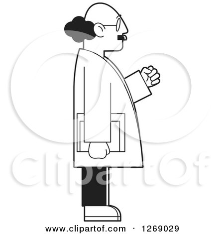 Clipart of a Black and White Senior Man Cheering Holding Books, in Profile - Royalty Free Vector Illustration by Lal Perera