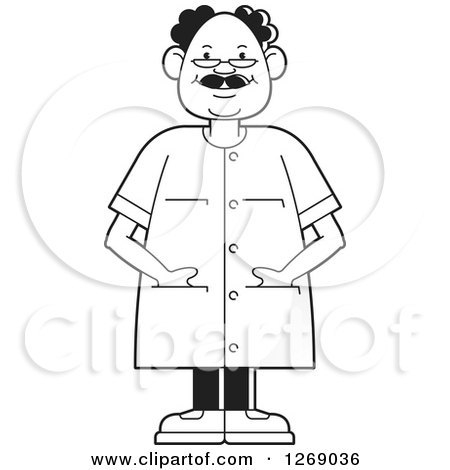 Clipart of a Black and White Senior Man Wearing Eye Glasses and Standing with His Hands in Pockets - Royalty Free Vector Illustration by Lal Perera