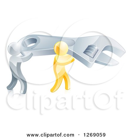 Clipart of 3d Silver and Gold Men Carrying a Large Adjustable Wrench - Royalty Free Vector Illustration by AtStockIllustration