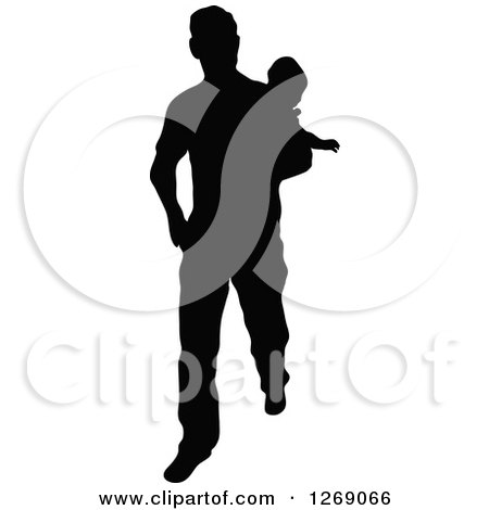 Clipart of a Black Silhouette of a Father Walking and Carrying a Baby - Royalty Free Vector Illustration by Pushkin